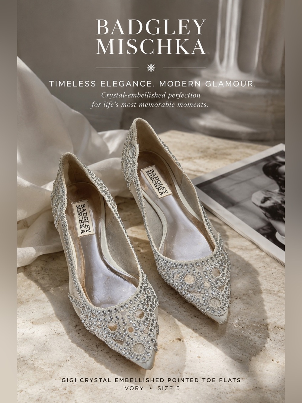 Badgley Mischka Gigi Crystal Embellished Pointed Toe Flats Ivory Size 5